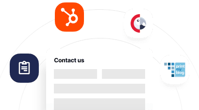 An integration graphic showing a central "Contact us" form connected to four different software app icons along curved lines.