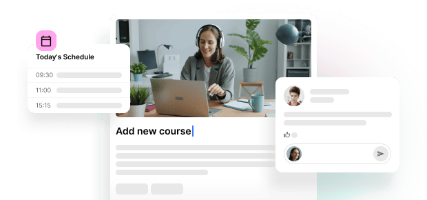 An e-learning UI dashboard mockup featuring a video course interface surrounded by interactive widgets.