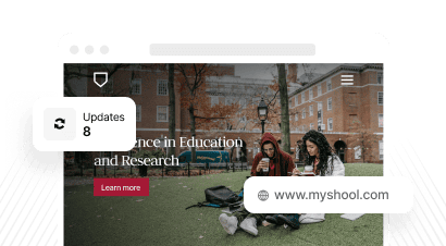 A website mockup showing an educational homepage template with overlaid user interface elements.