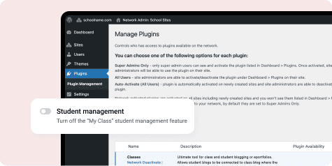 Network plugin management screen with a student management toggle