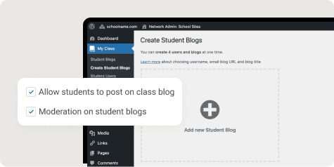 Create Student Blogs screen with class blog posting and moderation options