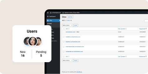 Network admin Sites screen with a card showing new and pending users