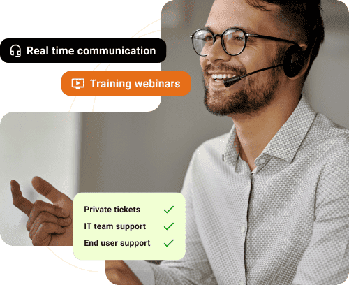Support agent with headset smiling