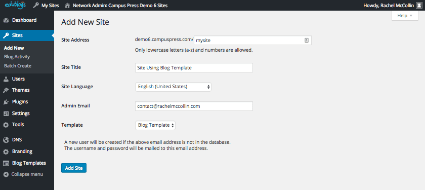 adding a new site using a template blog