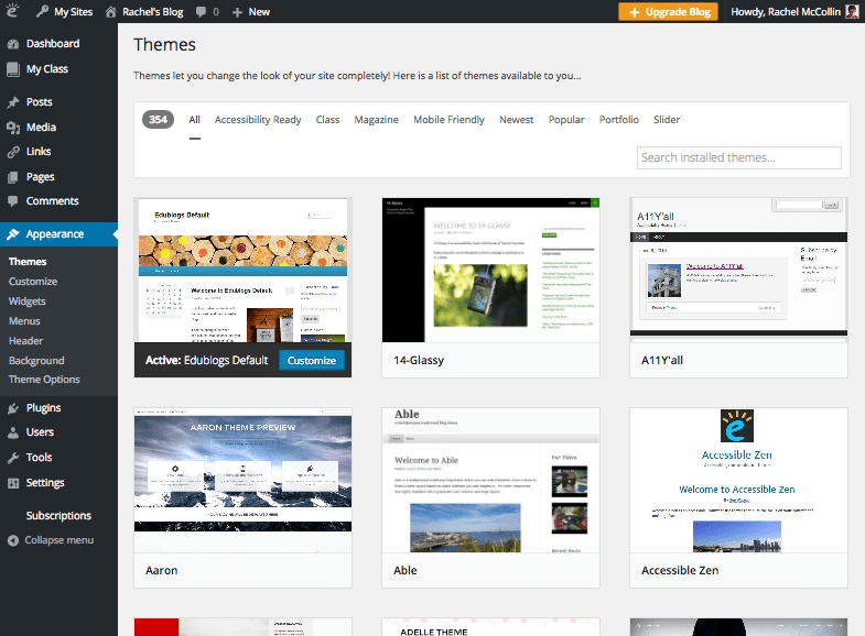 Edublogs themes screen