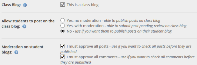 class discussion settings in edublogs
