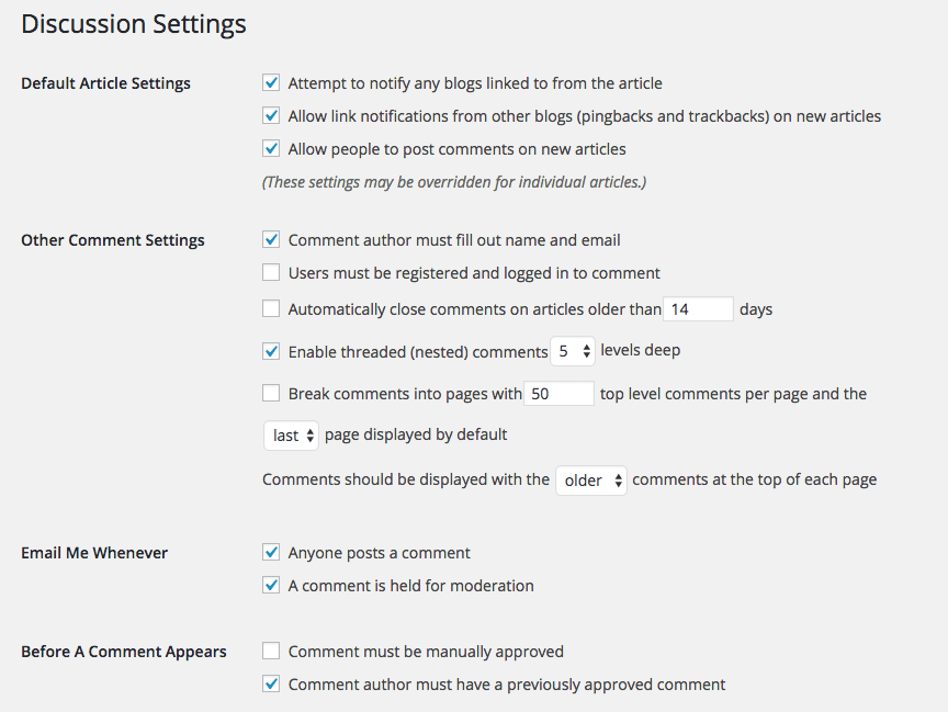 Edublogs discussion settings