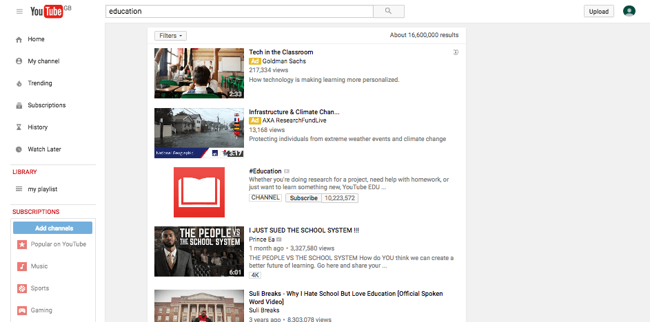 youtube - search for education