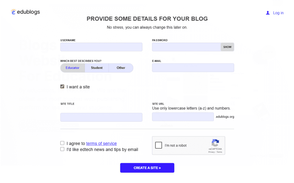 edublogs sign up page