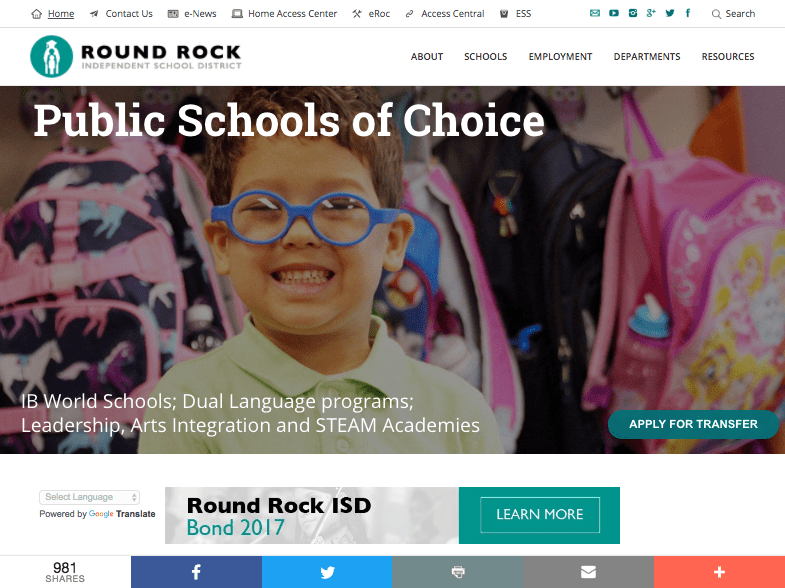 Round Rock ISD home page with full width design