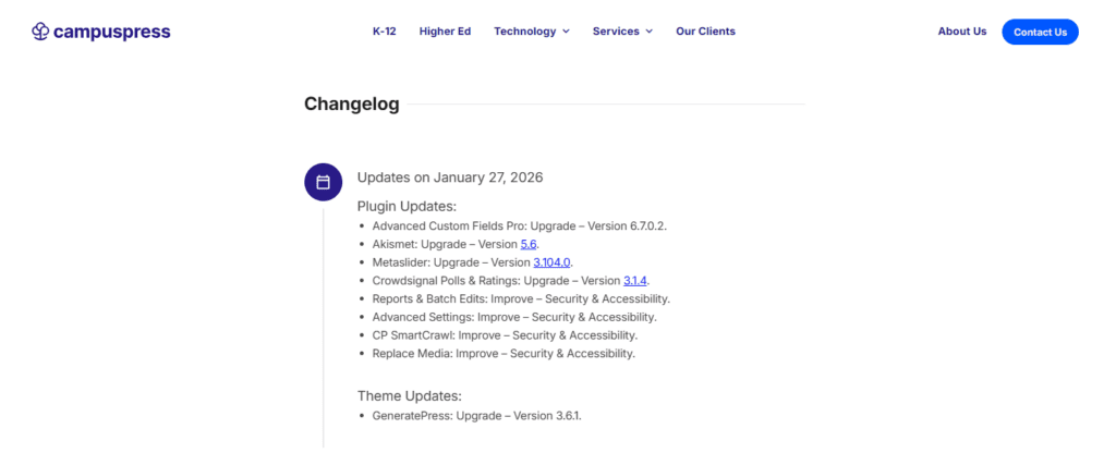 CampusPress changelog