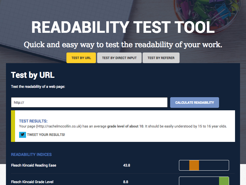 The readability test tool shows that my text is suitable for a 15-16 year old and above