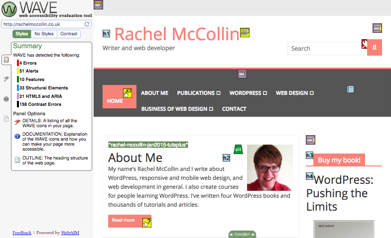 The WAVE validation tool shows multiple issues with Rachel McCollin's website