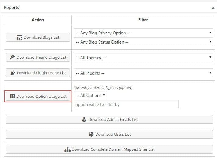 Options usage list