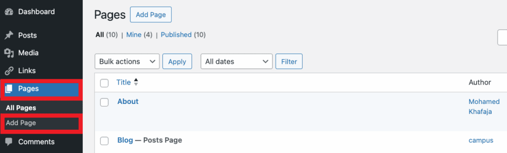 Screenshot showing how to add a new page in WordPress.