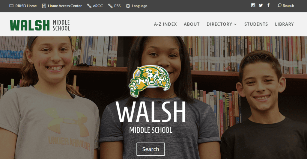 Screenshot of the Walsh Middle School home page.
