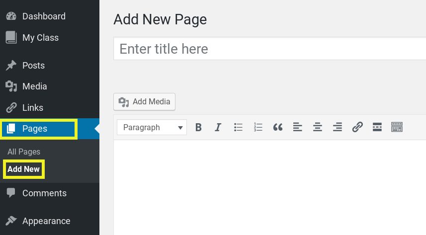 Screenshot showing how to add a new page in WordPress.