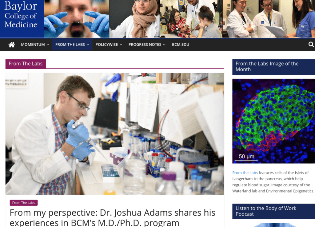 Screenshot of Baylor University's "From the Labs" blog. 