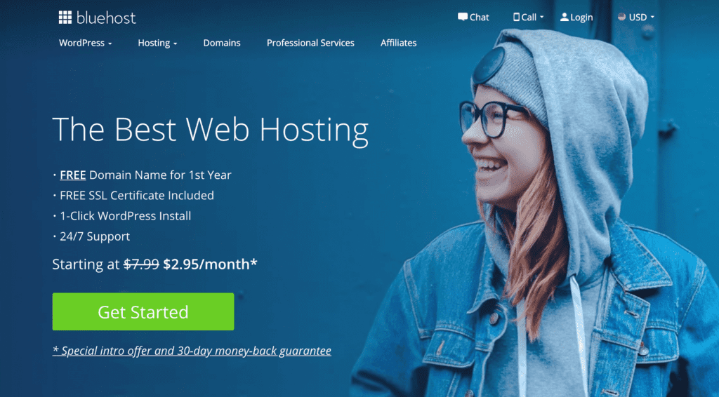 Screenshot of BlueHost home page