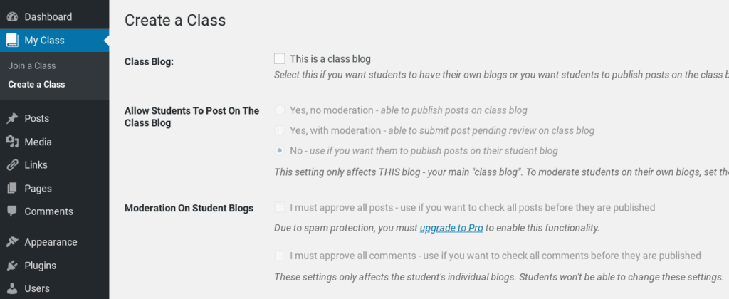 Screenshot of the My Class section on the Edublogs dashboard.