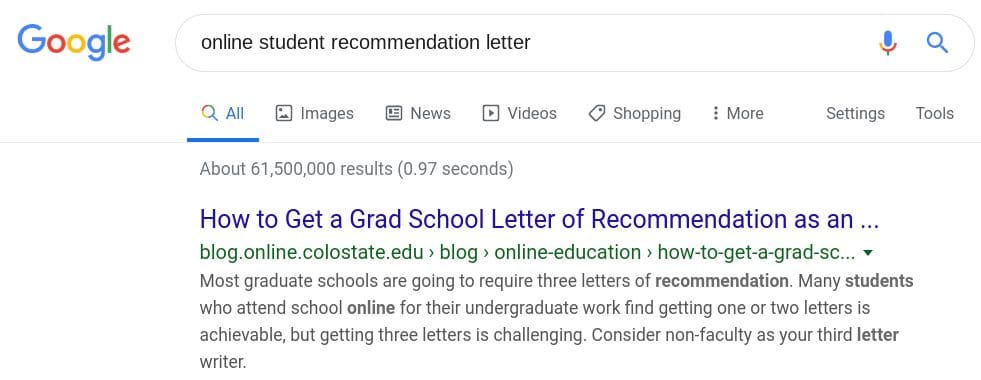 Screenshot of CSU's blog as first result in Google search results.