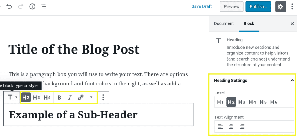Screenshot showing Gutenberg Heading settings. 