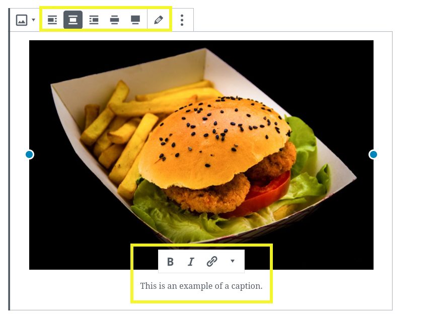 Screenshot highlighting the Image block settings in WordPress.