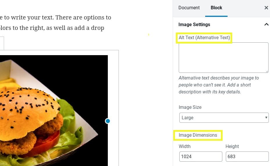 Screenshot showing image block settings in WordPress Block editor.