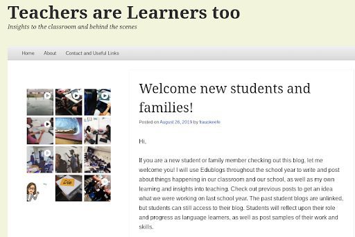 Screenshot of "Teachers are Learners Too" website homepage used as an example of a blog as a communication tool.