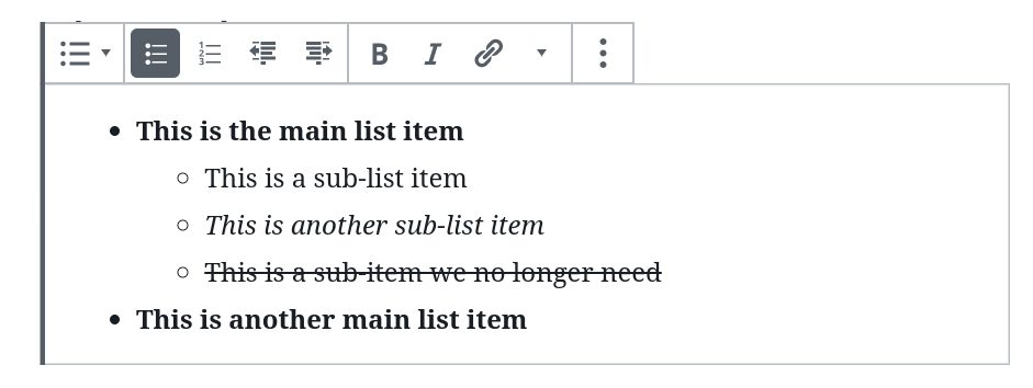 Screenshot showing indented list options for WordPress List block. 
