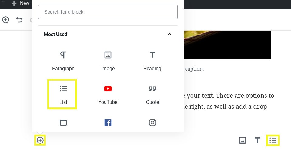 Screenshot showing how to add a List Block in WordPress.