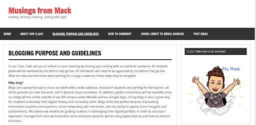 Screenshot of "Musings From Mack" site used as an example of creating blogging guidelines for students.