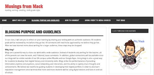 Screenshot of "Musings From Mack" site used as an example of creating blogging guidelines for students.