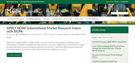 Screenshot of Mason University blog.
