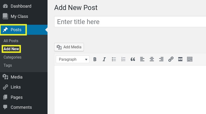 Screenshot showing how to add a new post in WordPress.