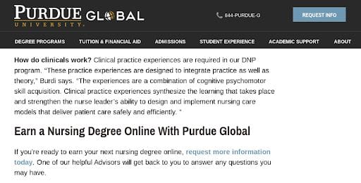 Screenshot showing a Call to Action link on Purdue University's blog.
