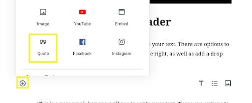 Screenshot showing how to add a Quote block in WordPress.