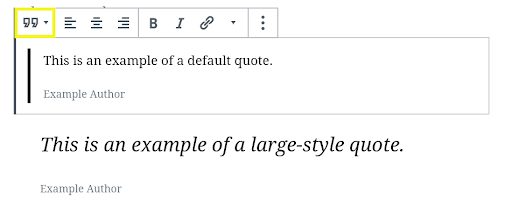 Screenshot showing Quote block styles in WordPress.