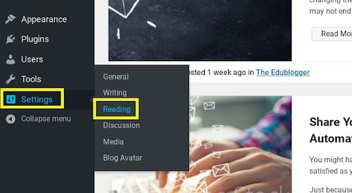 Screenshot of the Settings > Reading menu option in WordPress' sidebar menu.