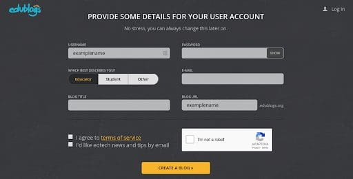 Screenshot of Edublogs.org signup page.