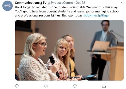 Screenshot of a tweet from one of Syracuse University's socia media accounts.