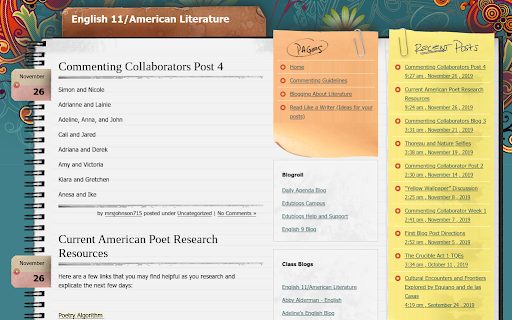 Image of the blog "English 11 / American Literature" used as an example of a Student Blog. 
