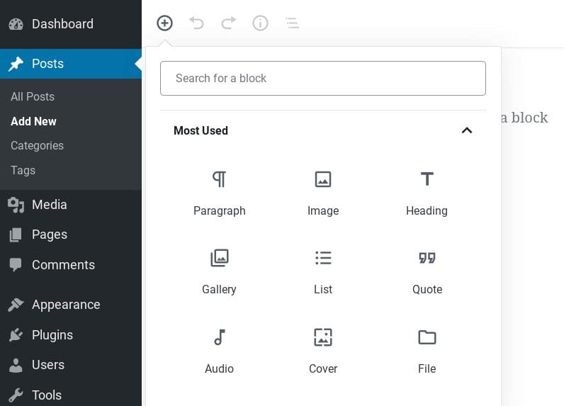 Screenshot of default WordPress Block Editor block options.