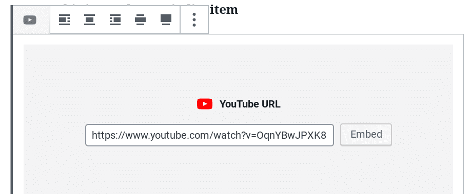 Image showing the YouTube embed option in WordPress block editor.