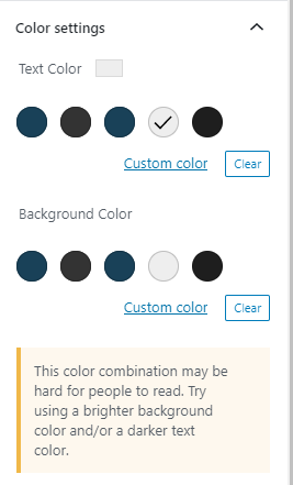 The warning in the screenshot reads: "This color combination may be hard for people to read. Try using a brighter background color and/or a darker text color."