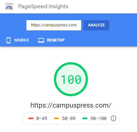 A screenshot of Google PageSpeed Insights showing a Desktop score of 100.