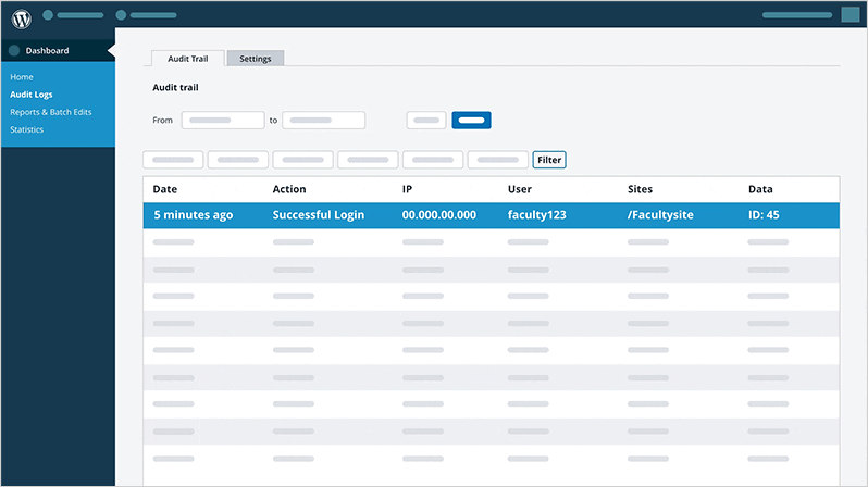 An animated gif showing successful logins, theme switch, and site archival in an audit log.