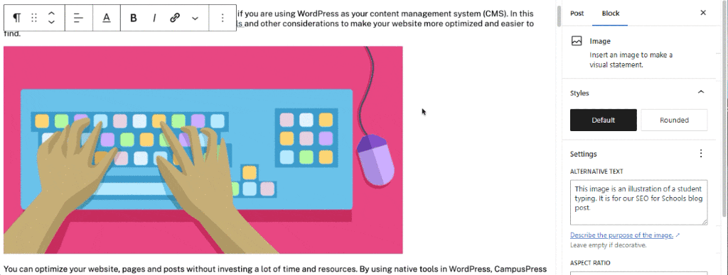 This image is an illustration of a student typing. It is for our SEO for Schools blog post.