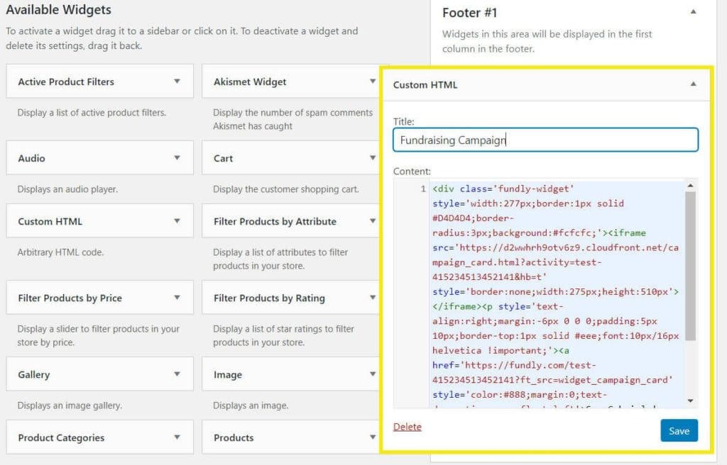Add embed code to custom HTML widget