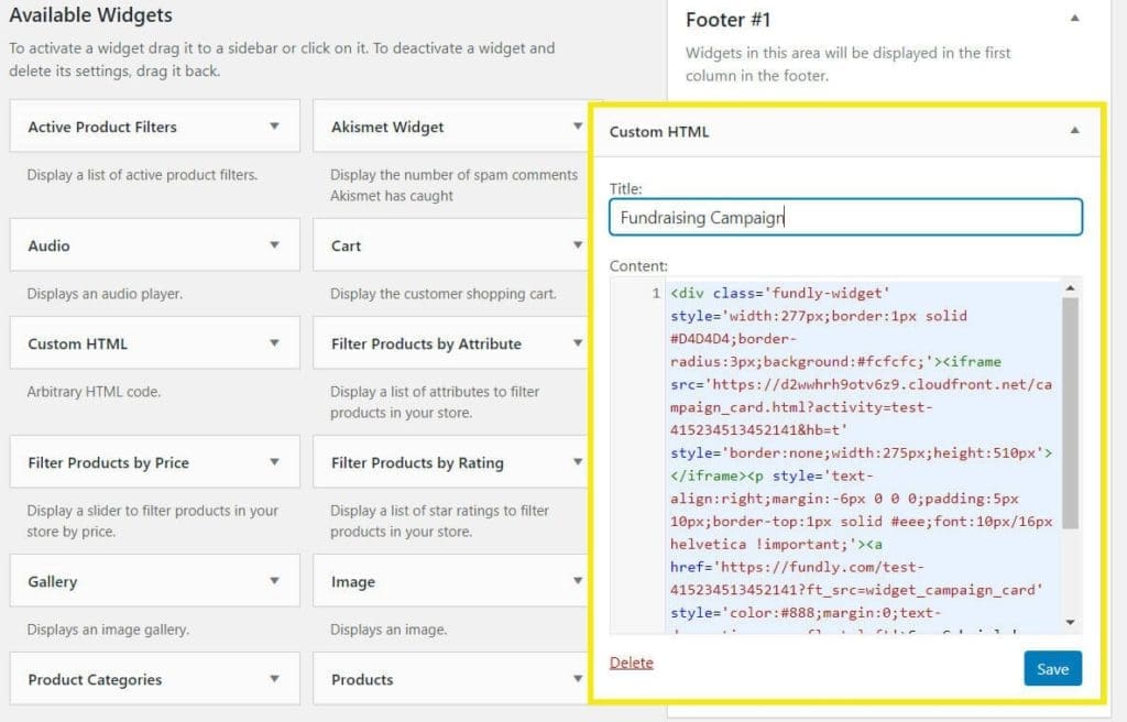 Add embed code to custom HTML widget